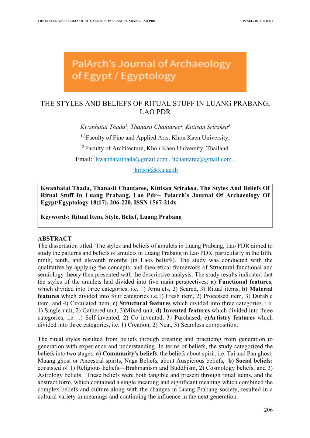 The Styles and Beliefs of Ritual Stuff in Luang Prabang, Lao Pdr Pjaee, 18 (17) (2021)