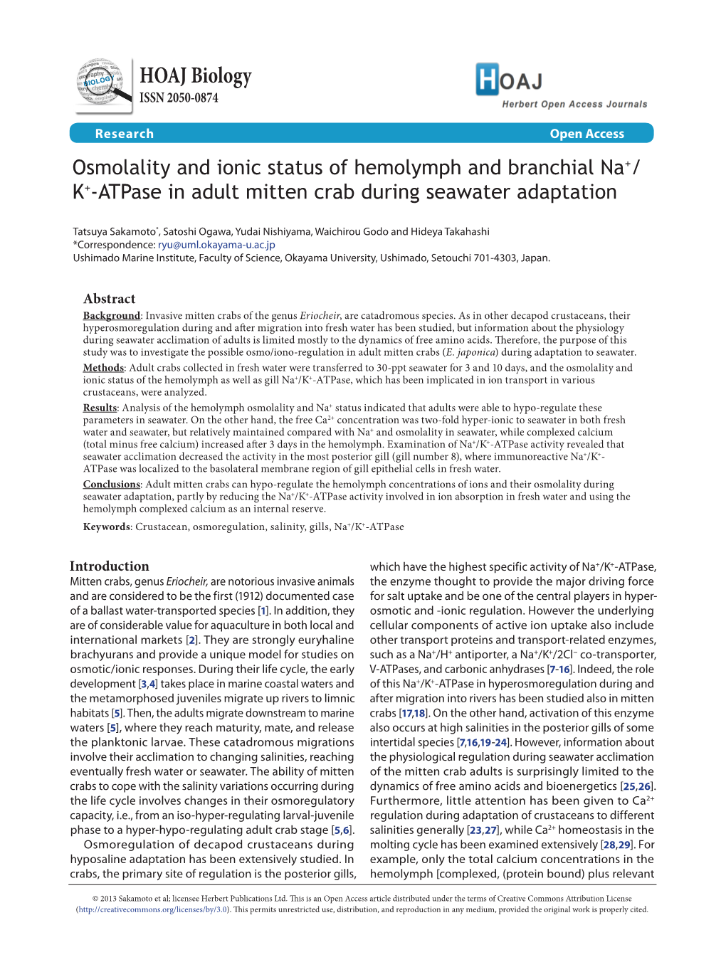 Osmolality and Ionic Status of Hemolymph and Branchial Na+/K+