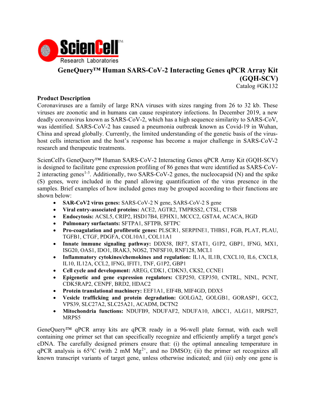 Genequery™ Human SARS-Cov-2 Interacting Genes Qpcr