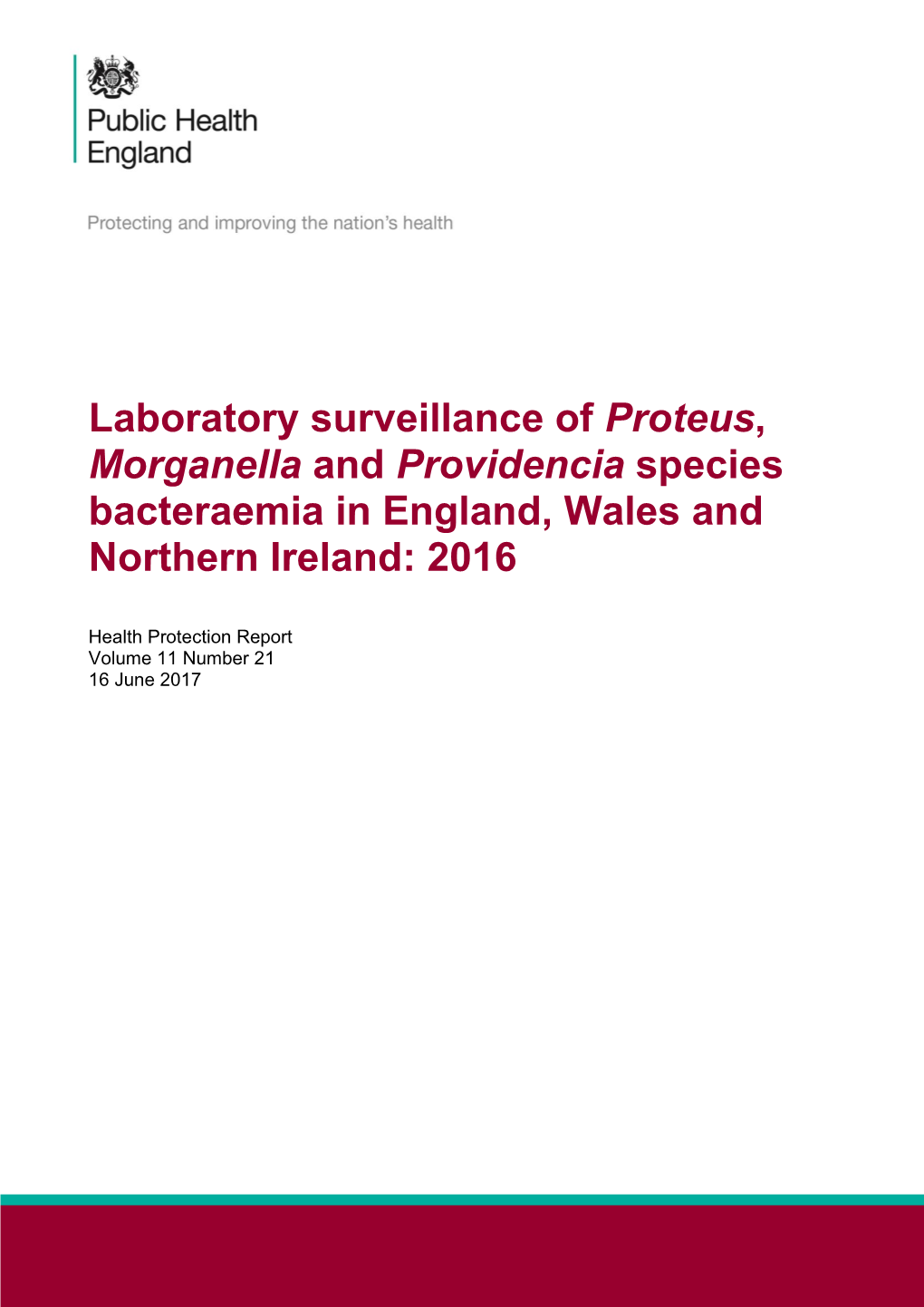 Laboratory Surveillance of Proteus, Morganella and Providencia Species Bacteraemia in England, Wales and Northern Ireland: 2016