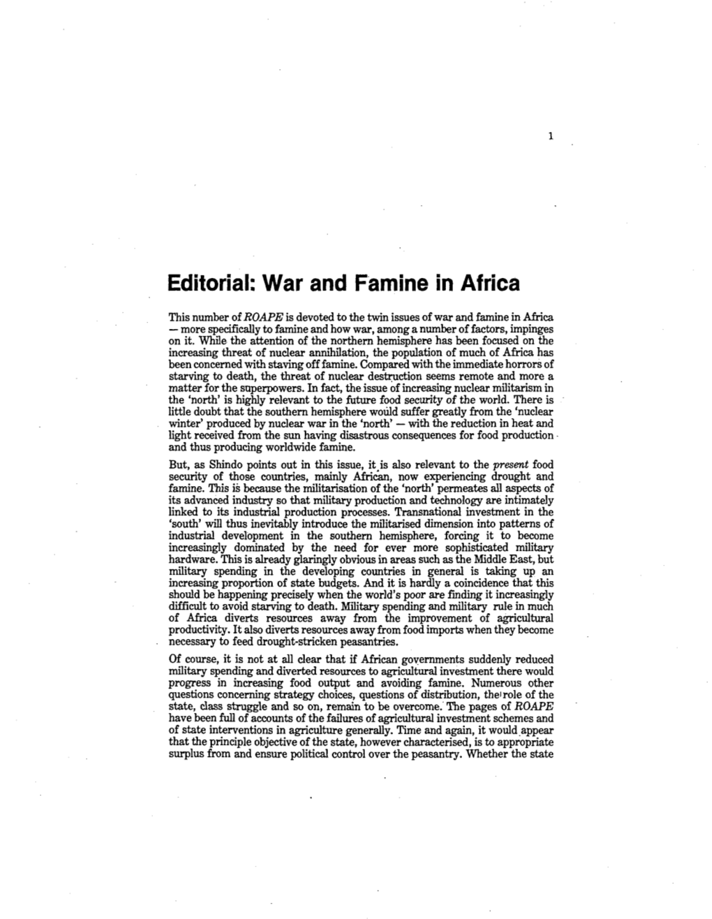 Editorial: War and Famine in Africa