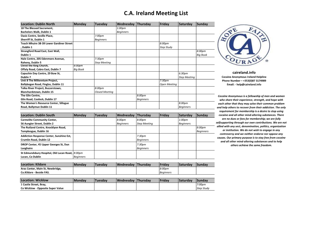 C.A. Ireland Meeting List