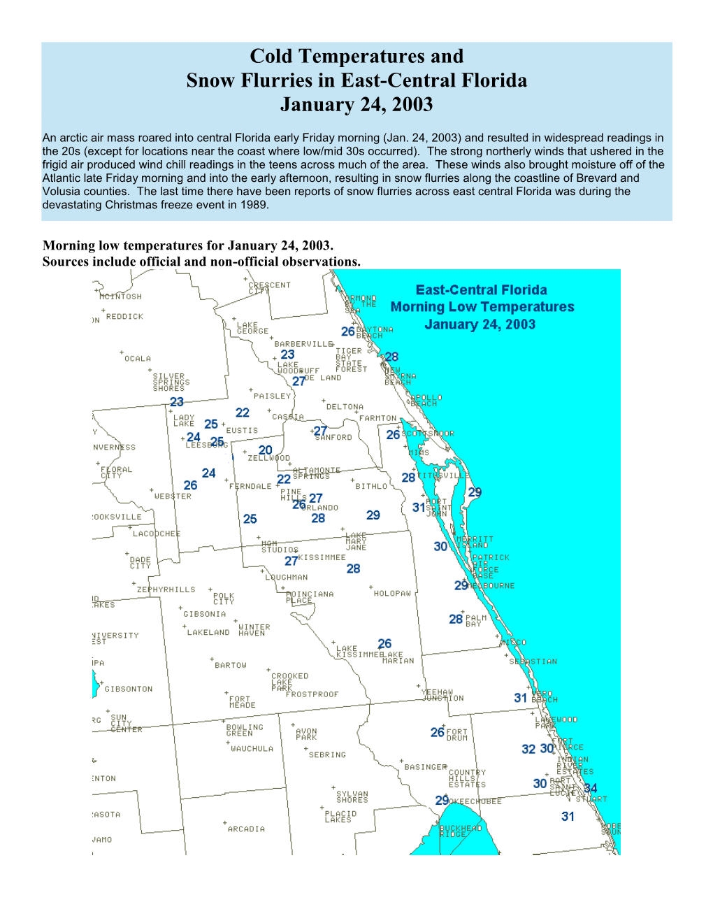 Cold Temperatures and Snow Flurries in East-Central Florida January 24, 2003