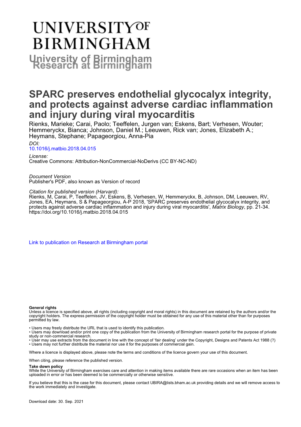 SPARC Preserves Endothelial Glycocalyx Integrity, and Protects