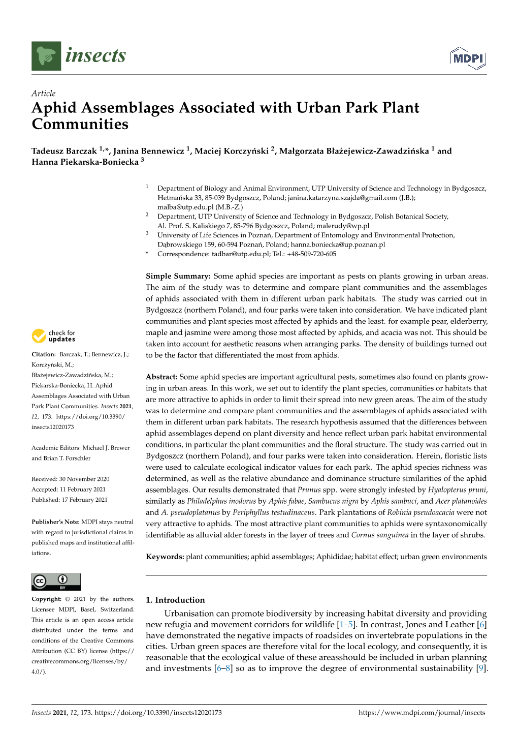 Aphid Assemblages Associated with Urban Park Plant Communities