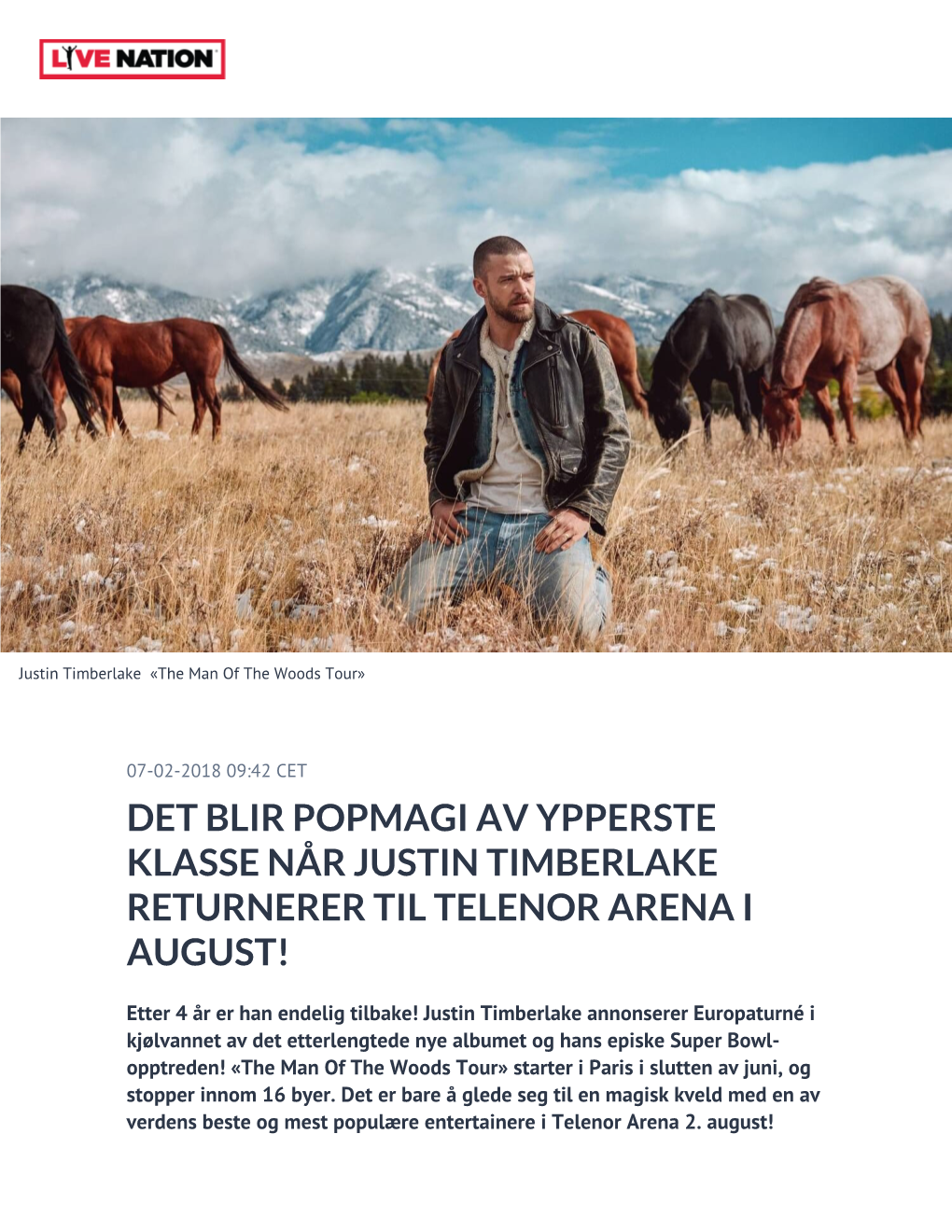 Det Blir Popmagi Av Ypperste Klasse Når Justin Timberlake Returnerer Til Telenor Arena I August!