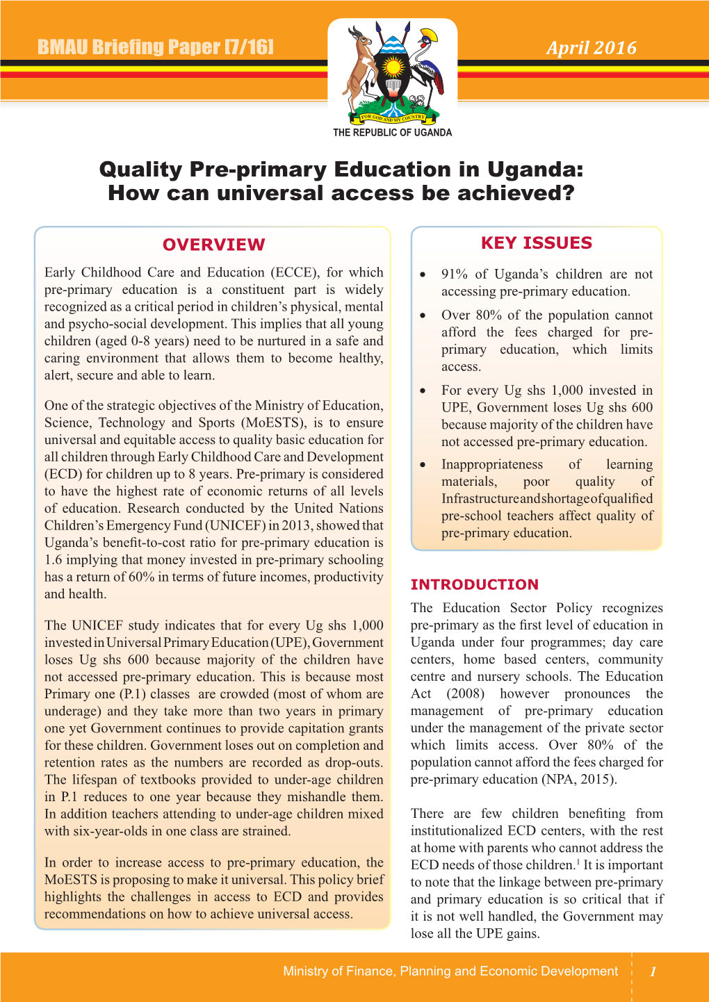 BMAU Briefing Paper 7/16: Quality Pre-Primary Education in Uganda