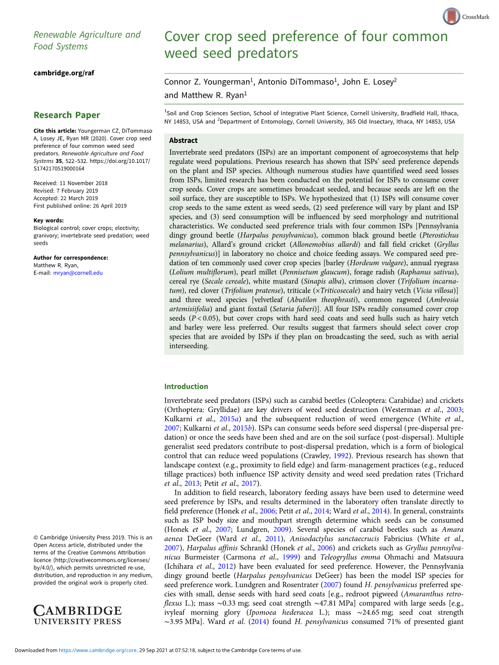 Cover Crop Seed Preference of Four Common Weed Seed Predators