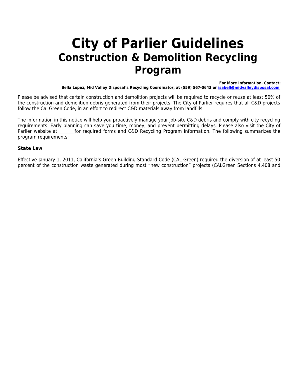 Construction & Demolition Recycling Program