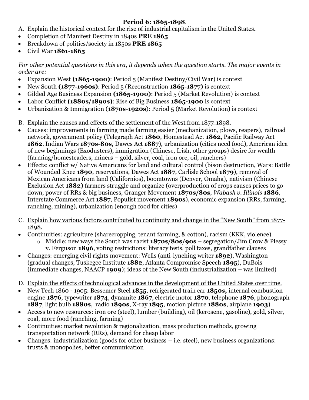 1865-1898. A. Explain the Historical Context for the Rise of Industrial Capitalism in the United States