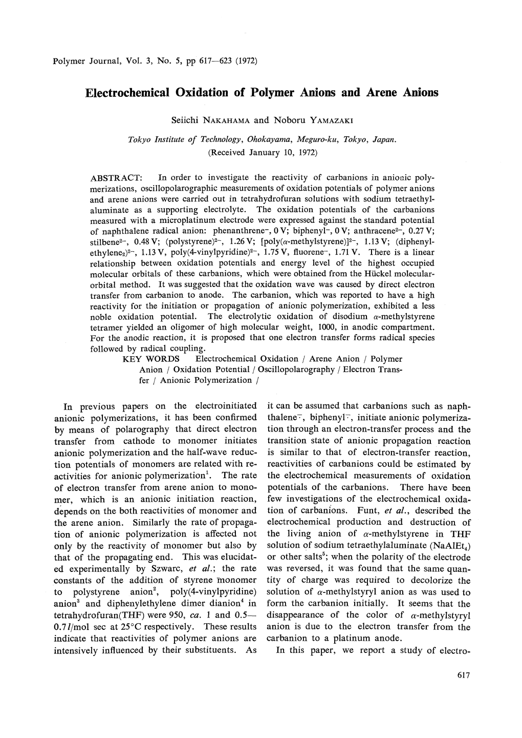 Electrochemical Oxidation of Polymer Anions and Arene Anions