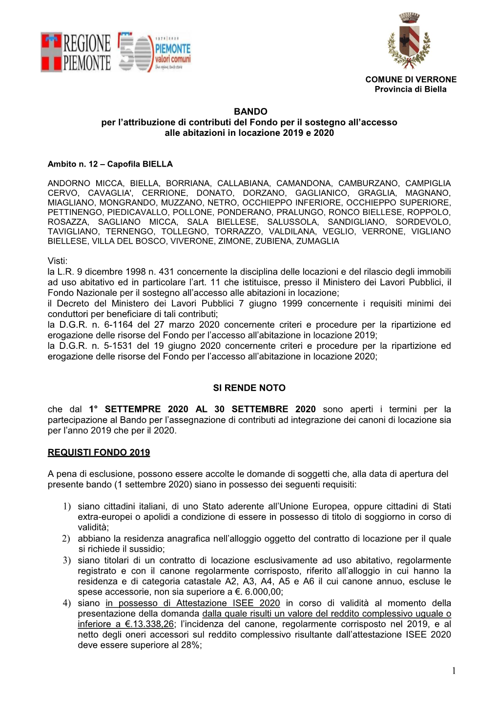 BANDO Per L'attribuzione Di Contributi Del Fondo Per Il Sostegno All'accesso Alle Abitazioni in Locazione 2019 E 2020 Visti