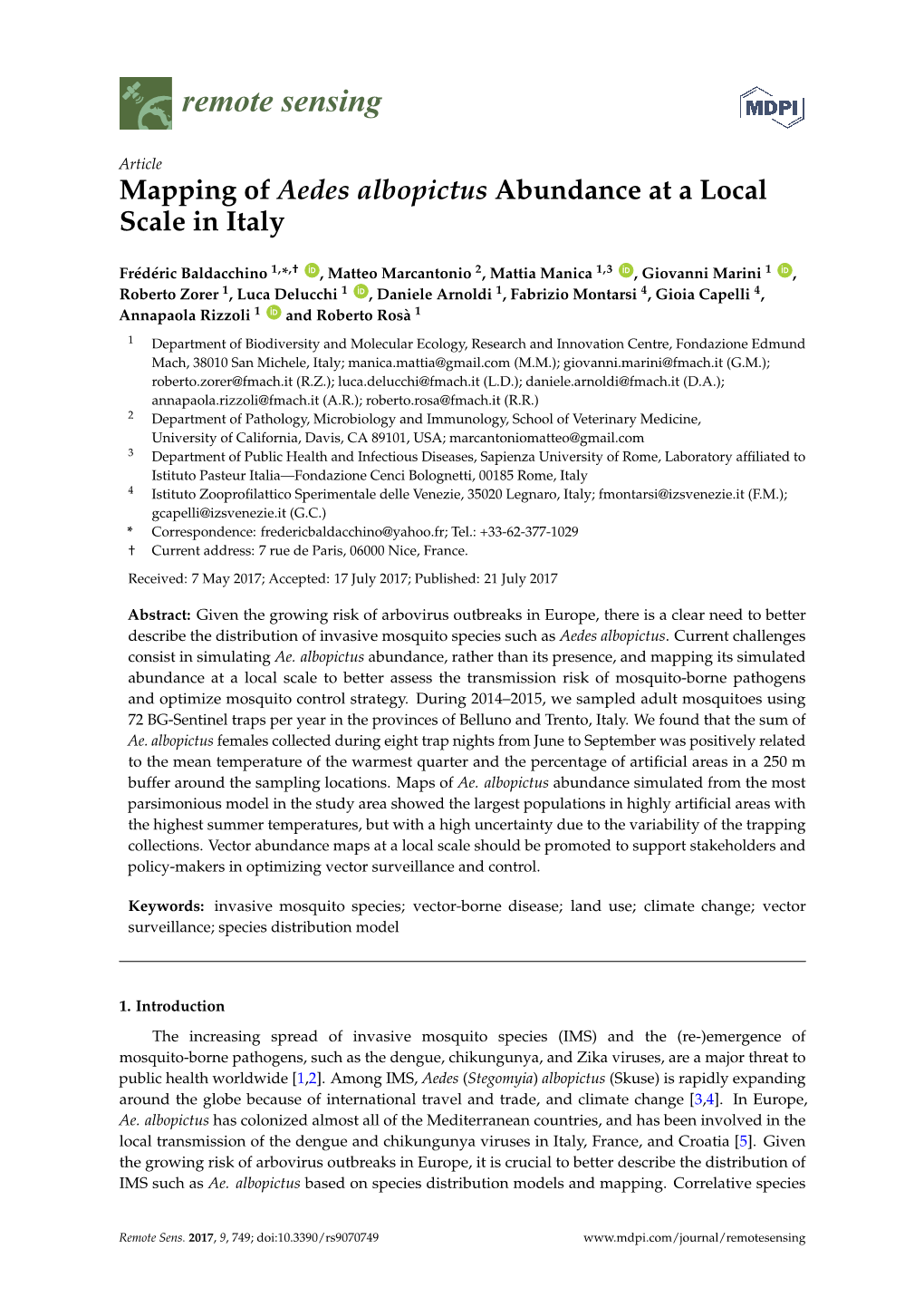 Mapping of Aedes Albopictus Abundance at a Local Scale in Italy