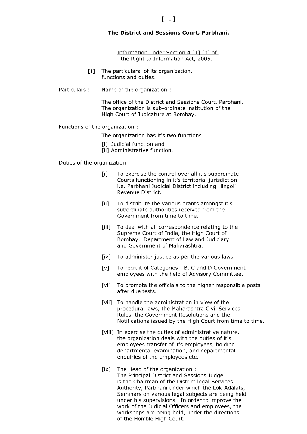The District and Sessions Court, Parbhani. Information Under Section 4