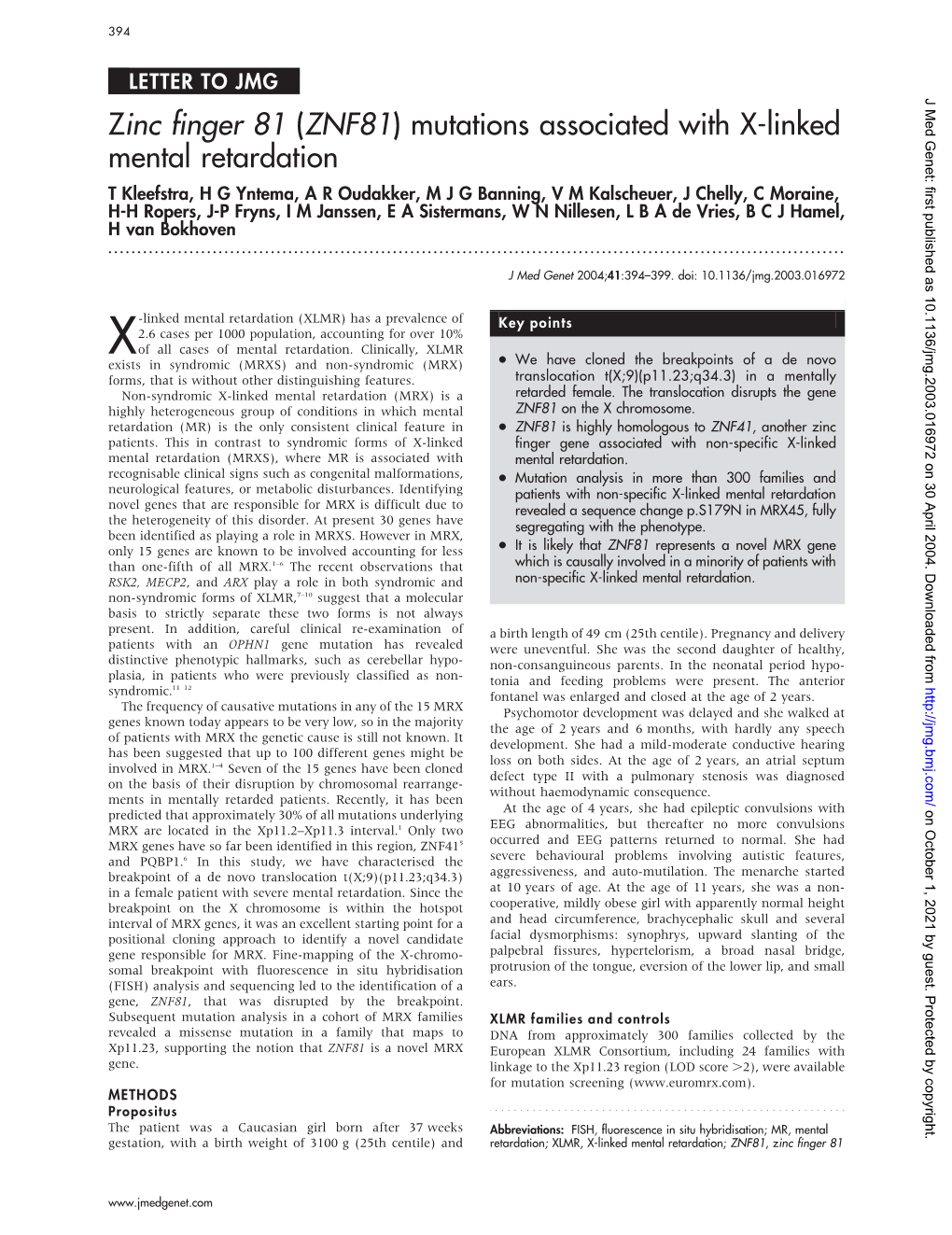 (ZNF81) Mutations Associated with X-Linked Mental Retardation