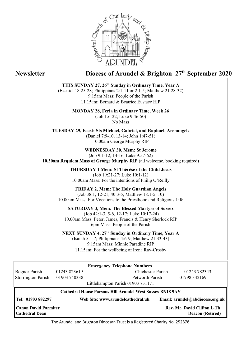 Newsletter Diocese of Arundel & Brighton 27Th September 2020