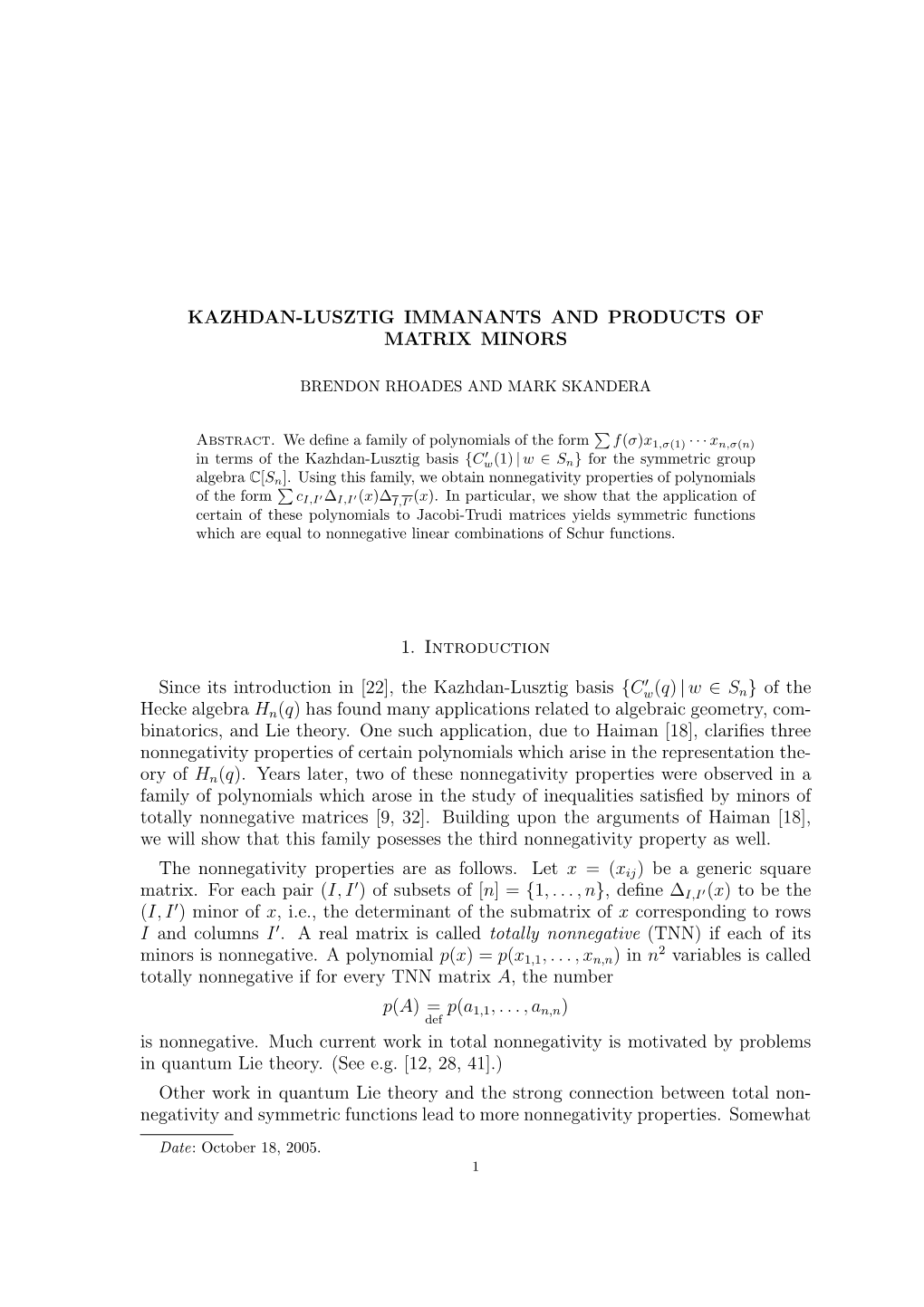 Kazhdan-Lusztig Immanants and Products of Matrix Minors