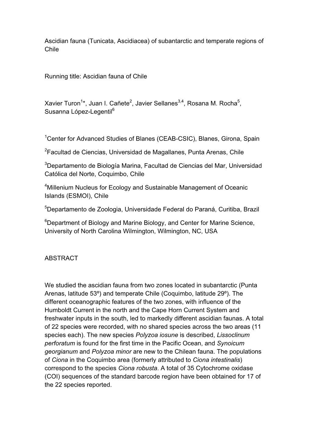 Ascidian Fauna (Tunicata, Ascidiacea) of Subantarctic and Temperate Regions of Chile