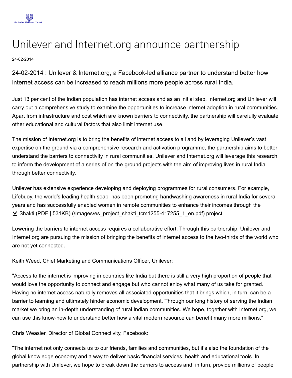 Unilever and Internet.Org Announce Partnership 24­02­2014