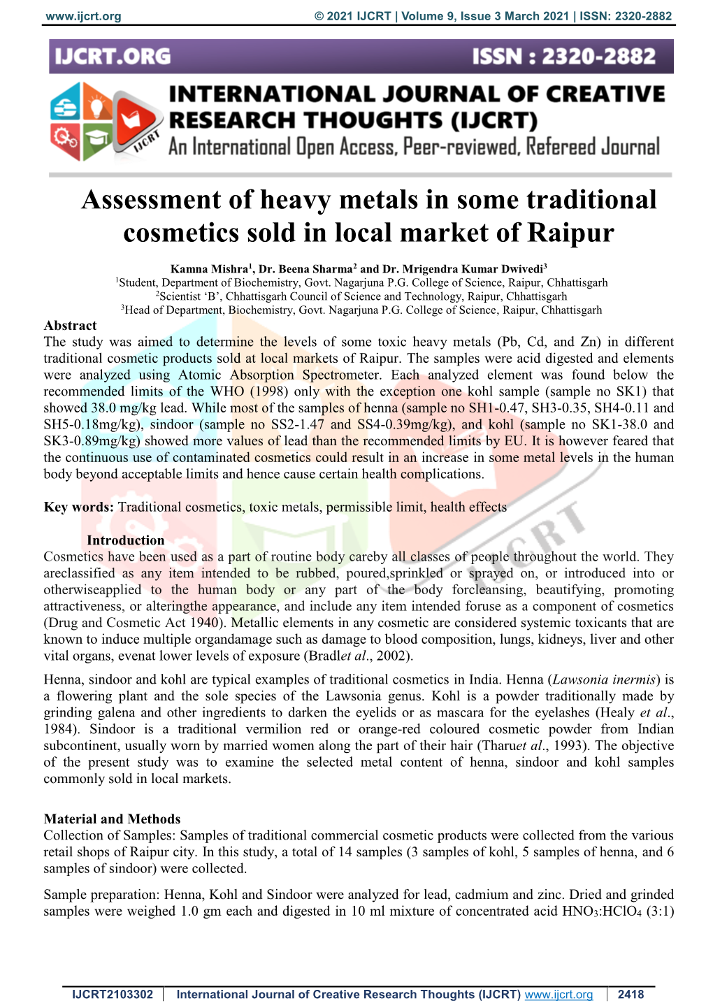 Assessment of Heavy Metals in Some Traditional Cosmetics Sold in Local Market of Raipur