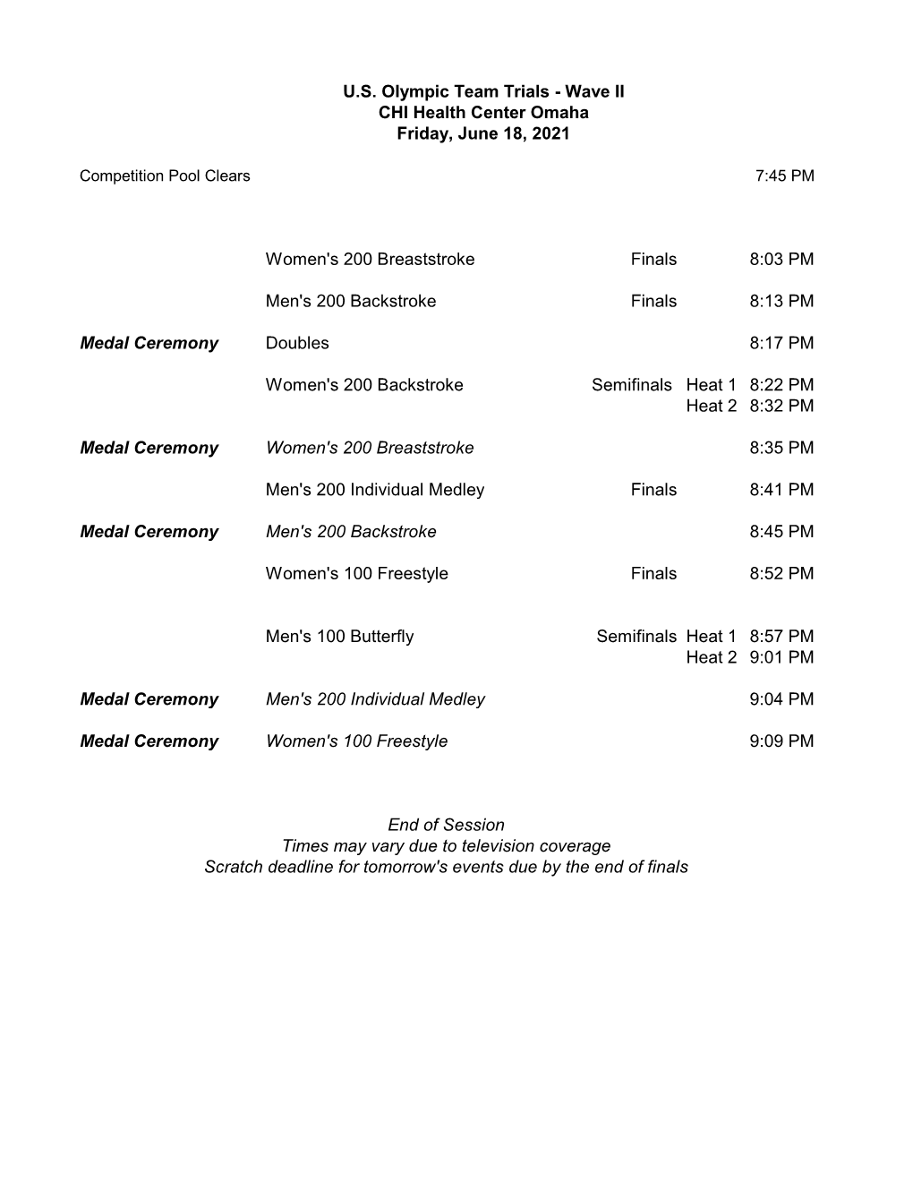 Women's 200 Breaststroke Finals 8:03 PM Men's 200 Backstroke