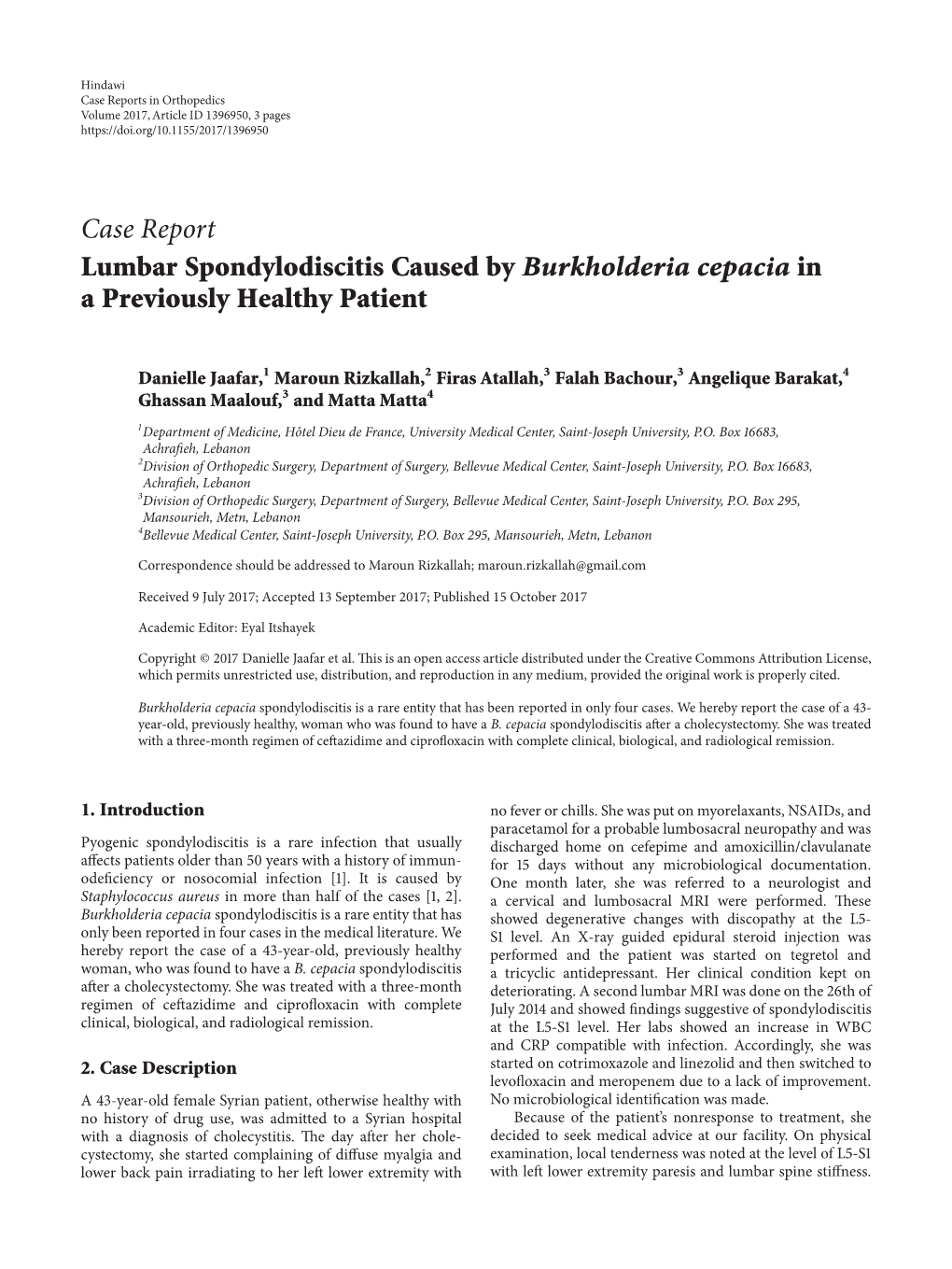 Lumbar Spondylodiscitis Caused by Burkholderia Cepacia in a Previously Healthy Patient