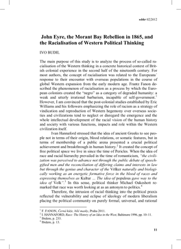 John Eyre, the Morant Bay Rebellion in 1865, and the Racialisation of Western Political Thinking