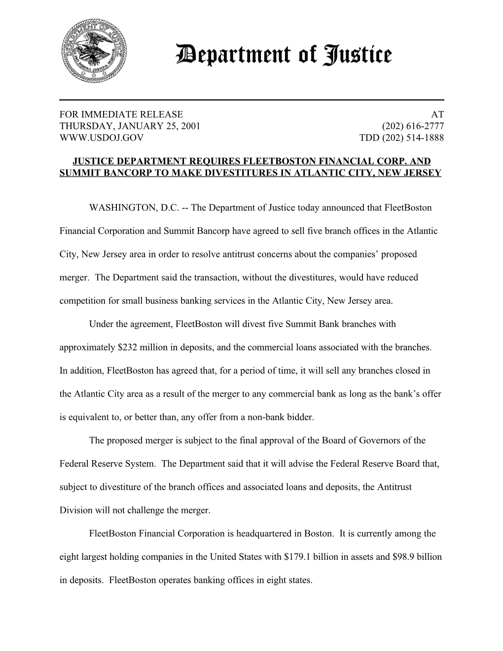 Justice Department Requires Fleetboston Financial Corp. and Summit Bancorp to Make Divestitures in Atlantic City, New Jersey