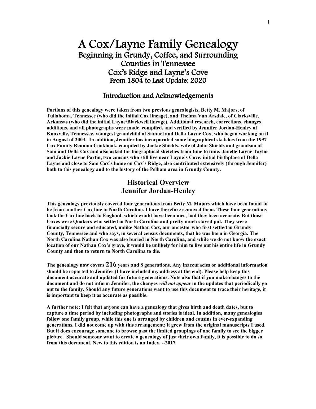 Cox/Layne Family Genealogy Beginning in Grundy, Coffee, and Surrounding Counties in Tennessee Cox’S Ridge and Layne’S Cove from 1804 to Last Update: 2020