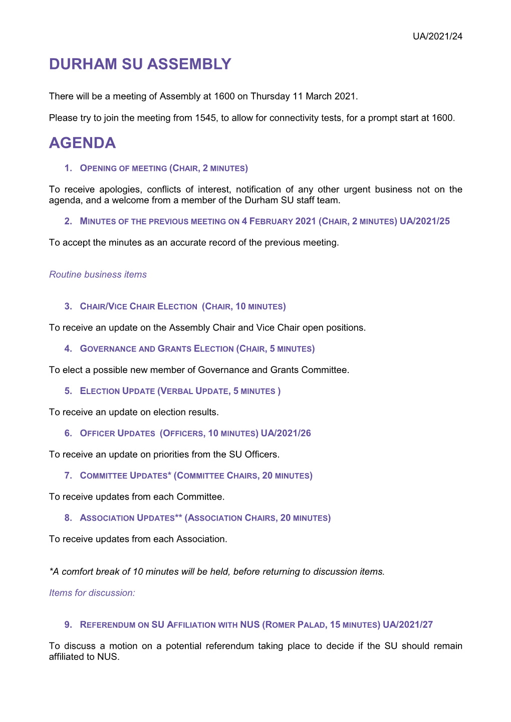 Durham Su Assembly Agenda