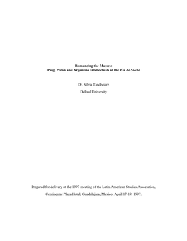 Romancing the Masses: Puig, Perón and Argentine Intellectuals at the Fin De Siècle