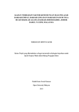 Kajian Terhadap Faktor Kemurungan Bagi Pelajar Darjah Empat, Darjah Lima Dan Darjah Enam Di Tiga Buah Sekolah Agama Daerah Johor Bahru, Johor Darul Ta’Zim, Malaysia