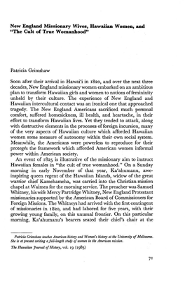 New England Missionary Wives, Hawaiian Women, and "The Cult of True Womanhood"