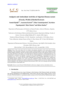 Analgesic and Antioxidant Activities of Algerian Retama Raetam (Forssk