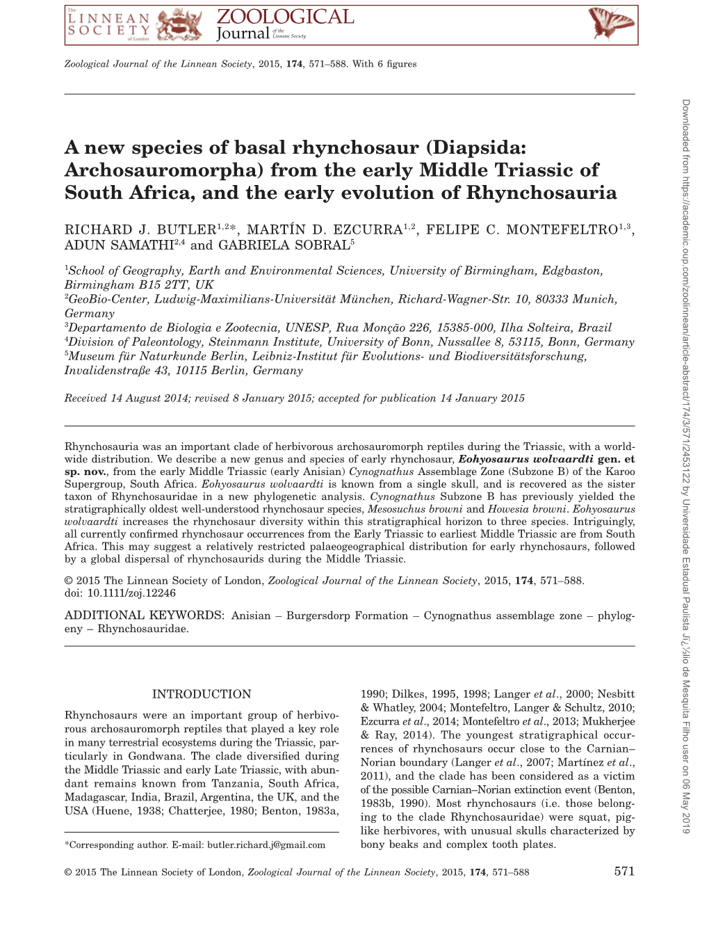 A New Species of Basal Rhynchosaur (Diapsida: Archosauromorpha) from the Early Middle Triassic of South Africa, and the Early Evolution of Rhynchosauria