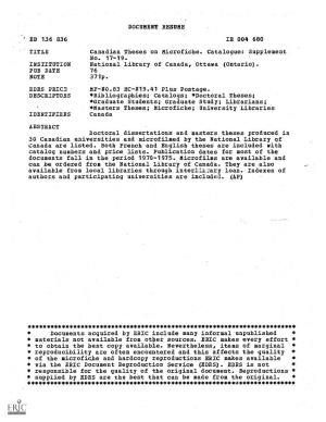 DOCUMENT RESUME ED 136 836 IR 004 680 TITLE Canadian Theses on Microfiche. Catalogue: Supplement No. 17-19. INSTITUTION National