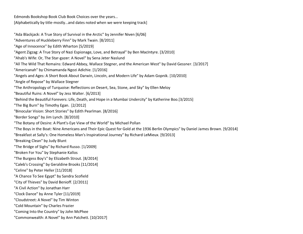 Edmonds Bookshop Book Club Book Choices Over the Years… [Alphabetically by Title-Mostly…And Dates Noted When We Were Keeping Track]