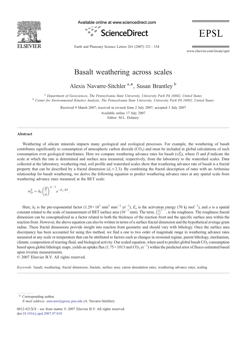 Basalt Weathering Across Scales ⁎ Alexis Navarre-Sitchler A, , Susan Brantley B