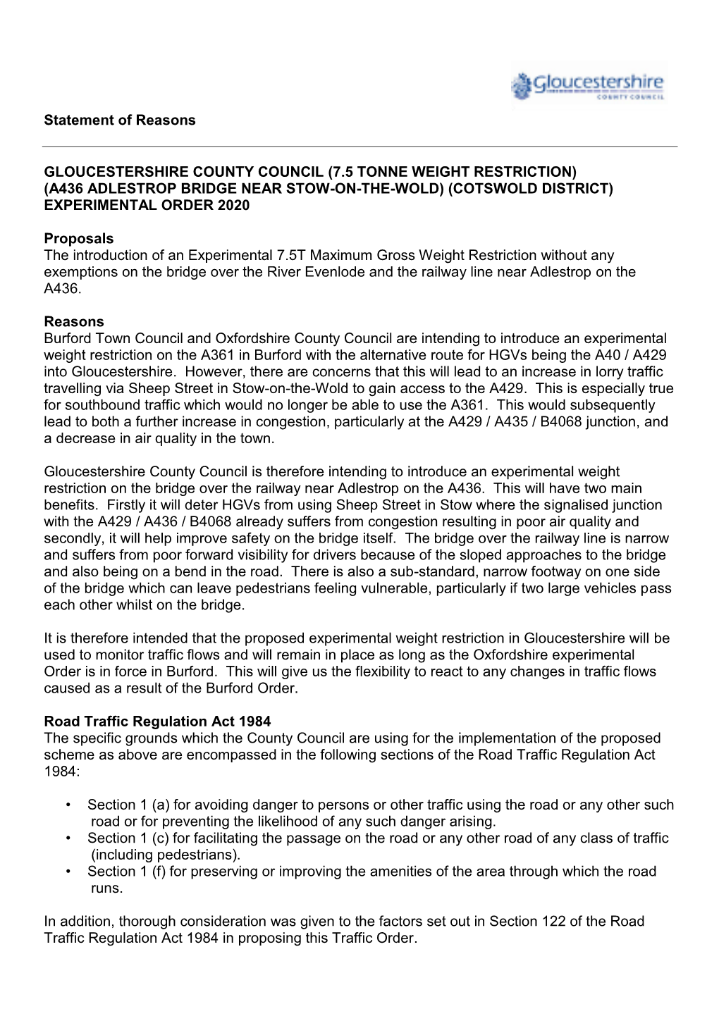 A436 Adlestrop Bridge Near Stow-On-The-Wold) (Cotswold District) Experimental Order 2020