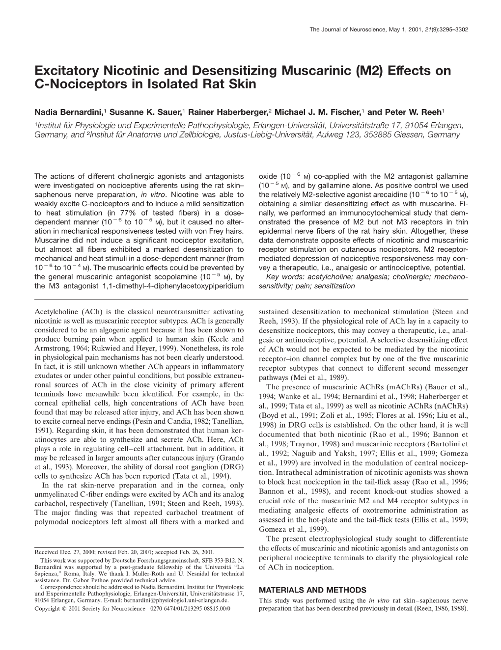 Excitatory Nicotinic and Desensitizing Muscarinic (M2) Effects on C-Nociceptors in Isolated Rat Skin