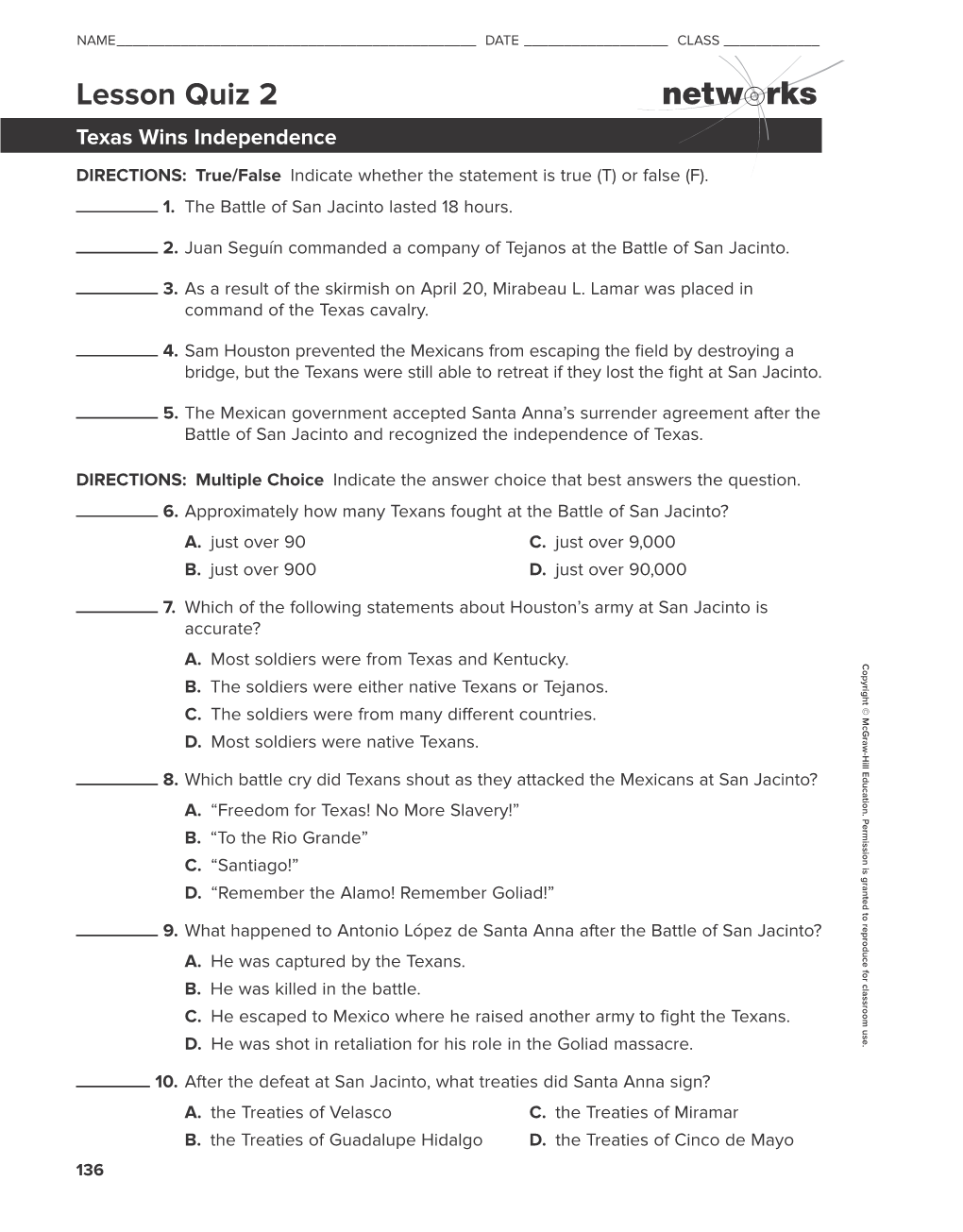 Lesson Quiz 2 Texas Wins Independence DIRECTIONS: True/False Indicate Whether the Statement Is True (T) Or False (F)