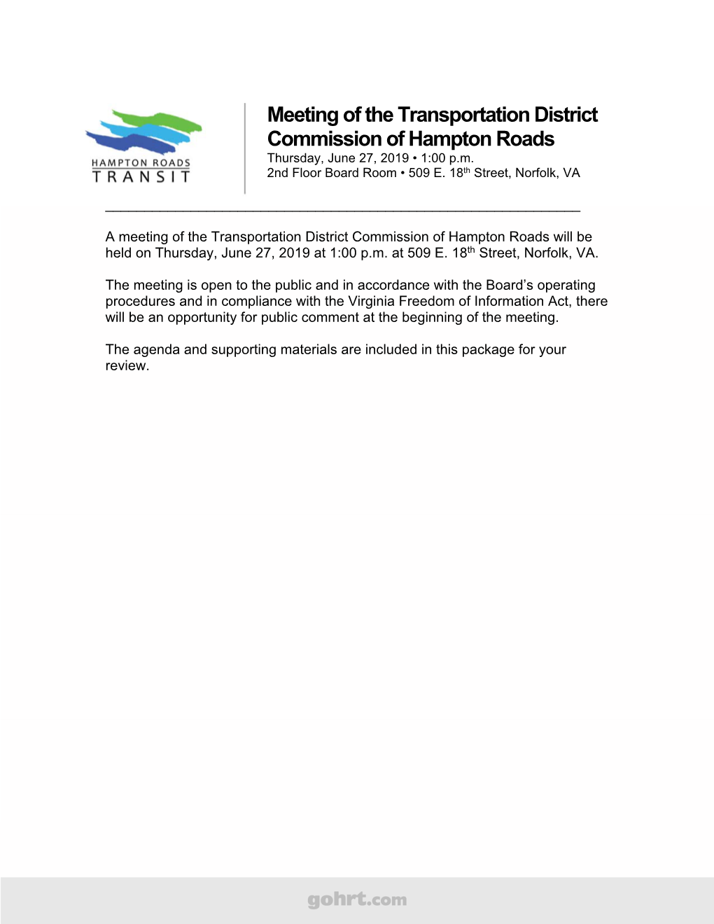 Meeting of the Transportation District Commission of Hampton Roads Thursday, June 27, 2019 • 1:00 P.M