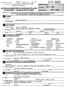 DATA SHEET UNITED STATES DEP^Rtment of the INTERIOR NATIONAL PARK SERVICE NATIONAL REGISTER of HISTORIC PLACES INVENTORY - NOMINATION FORM