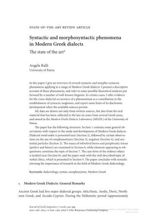 Syntactic and Morphosyntactic Phenomena in Modern Greek Dialects the State of the Art*
