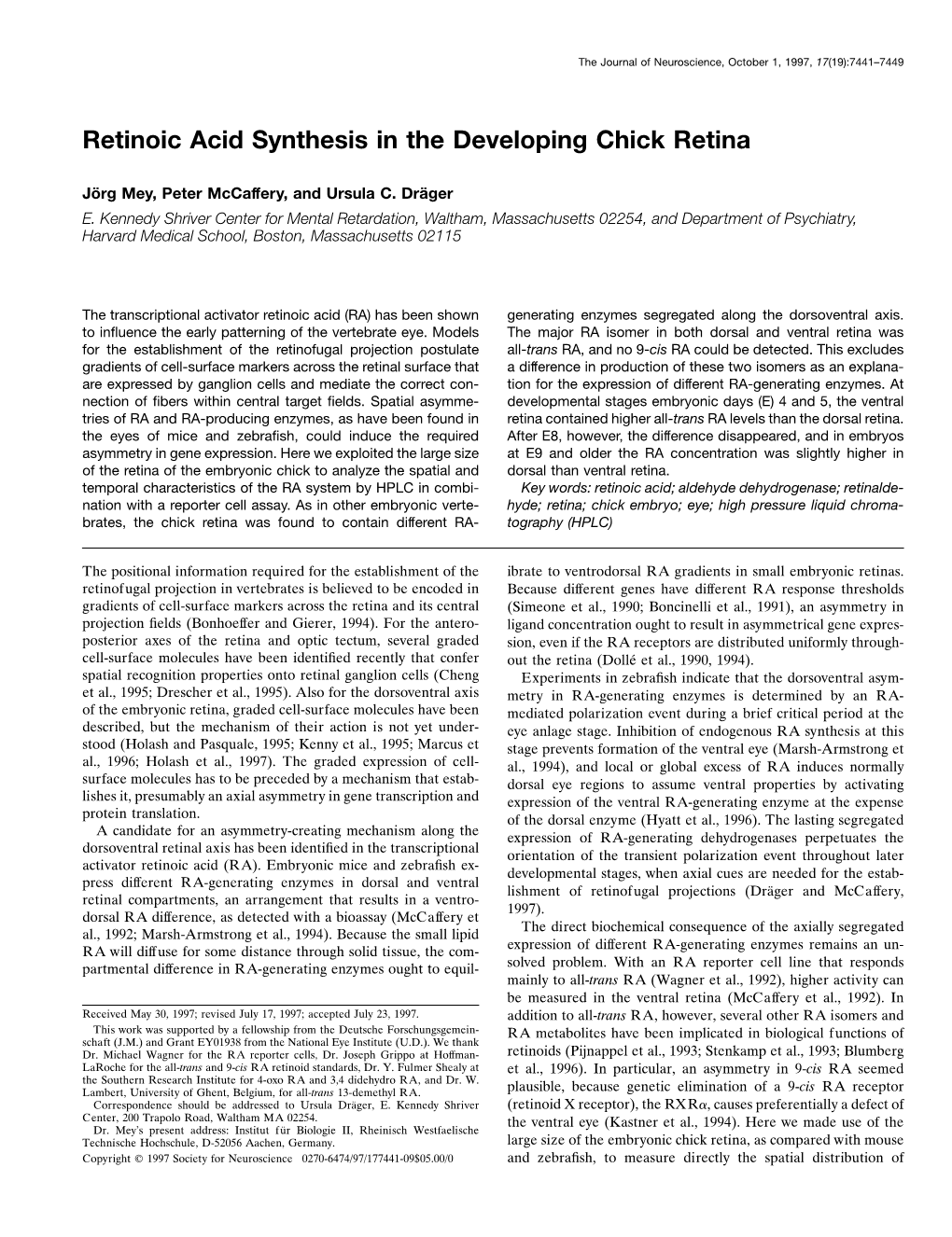 Retinoic Acid Synthesis in the Developing Chick Retina