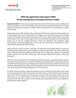 TAFE Inks Agreement with Japan's ISEKI for the Manufacture Of