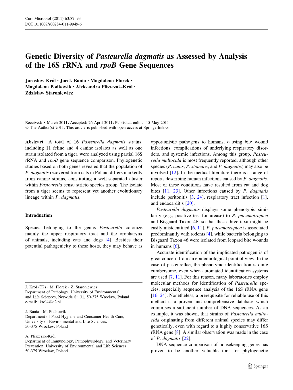 Genetic Diversity of Pasteurella Dagmatis As Assessed by Analysis of the 16S Rrna and Rpob Gene Sequences