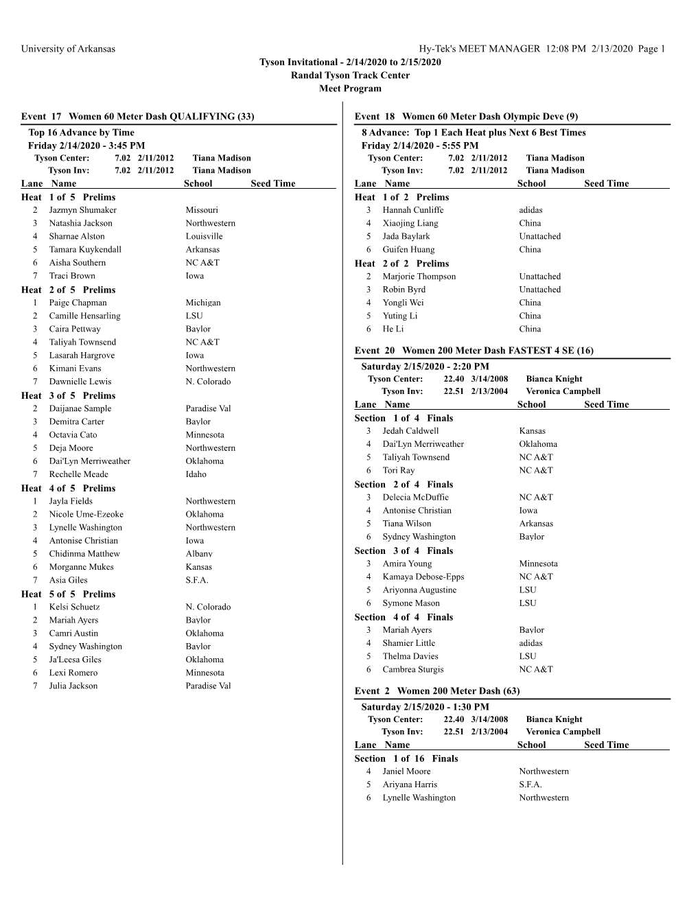 University of Arkansas Hy-Tek's MEET MANAGER 12:08 PM 2/13/2020 Page 1 Tyson Invitational - 2/14/2020 to 2/15/2020 Randal Tyson Track Center Meet Program