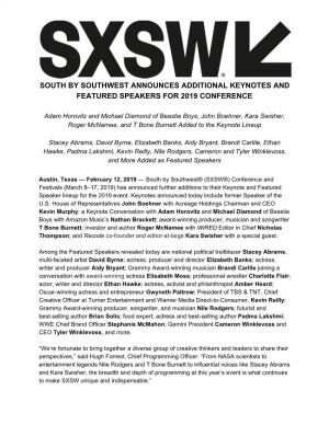 February 12, 2019: SXSW Announces Additional Keynotes and Featured