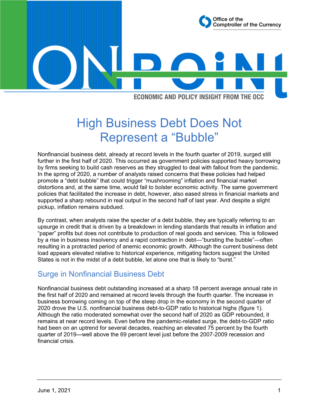 OCC on Point: High Business Debt Does Not Represent a “Bubble”